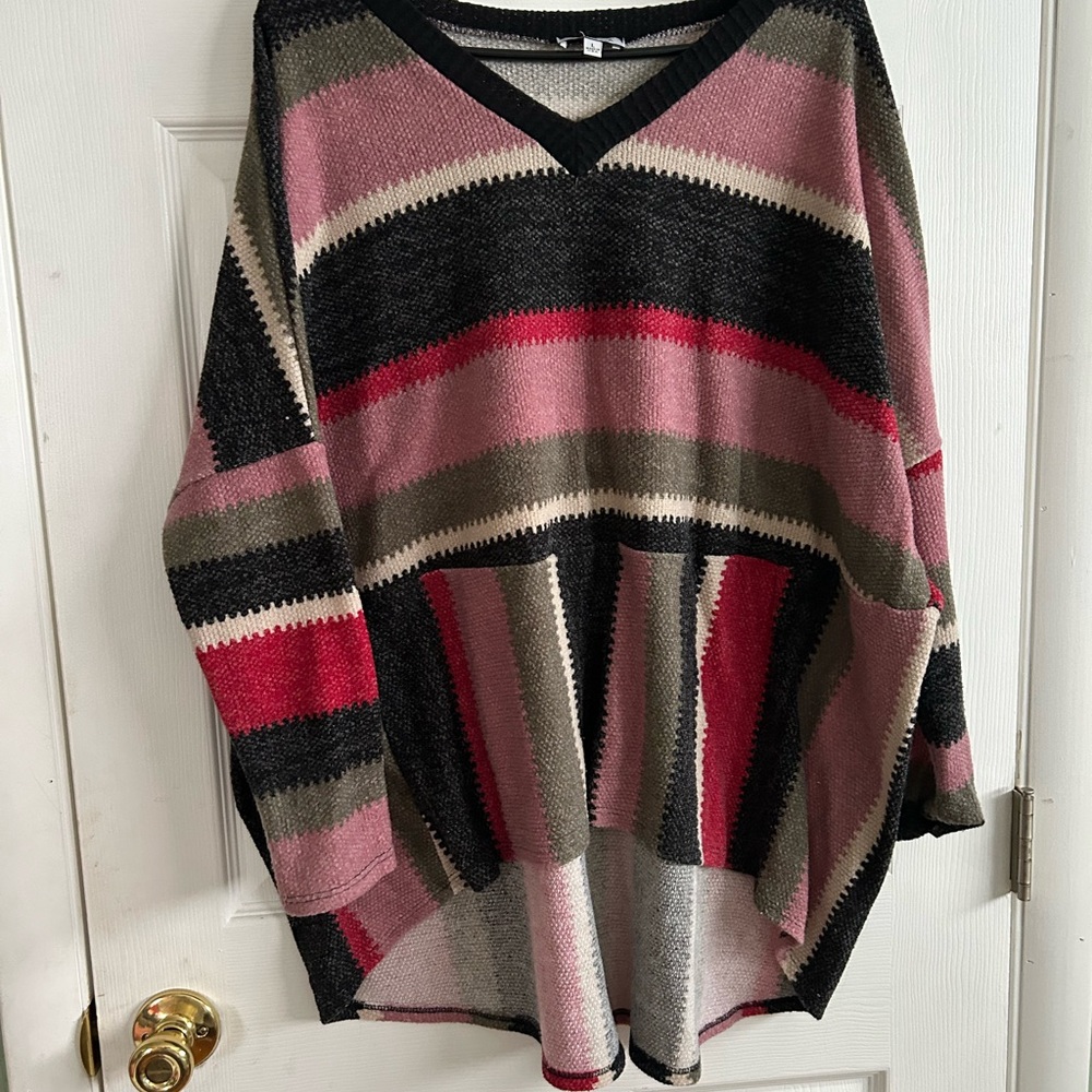 White Birch Pink and Red V-Neck Sweater